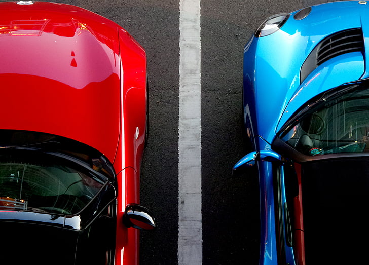 automašīnas, zila, sarkana, autostāvvieta, novietoja, duālā, automašīnas