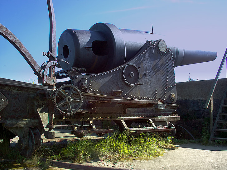 old, russian, coastal cannon, cannon, sunny, sky, blue