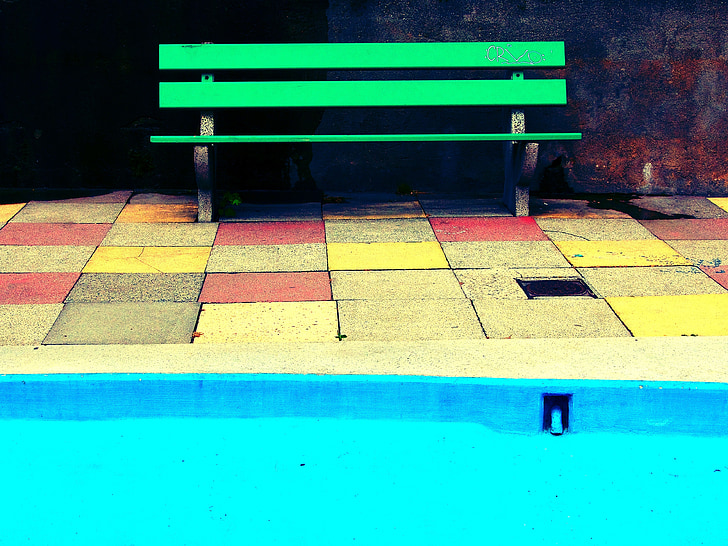 green, bench, blue, pool, tiles, bright