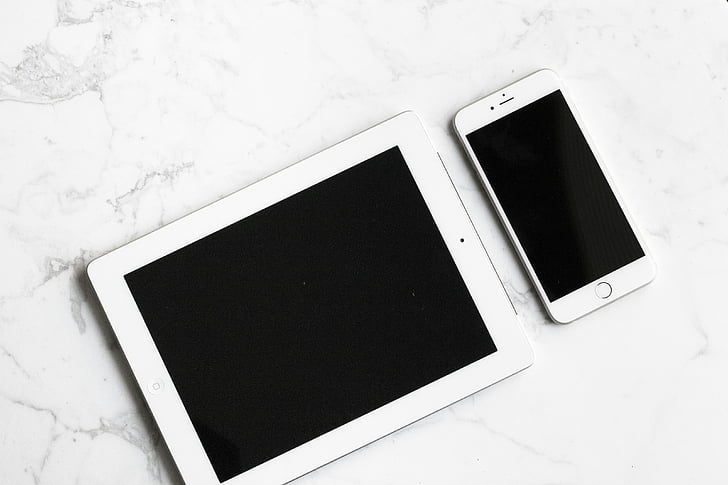 white, ipad, silver, iphone, top, table, office
