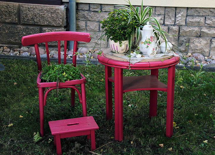 tabell, stol, rød, romantikk, blomst