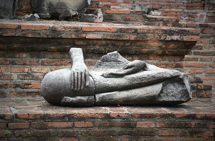 Ayutthaya, Bouddha, Wat mahathat, steinbuddha, tête, mains, Thaïlande