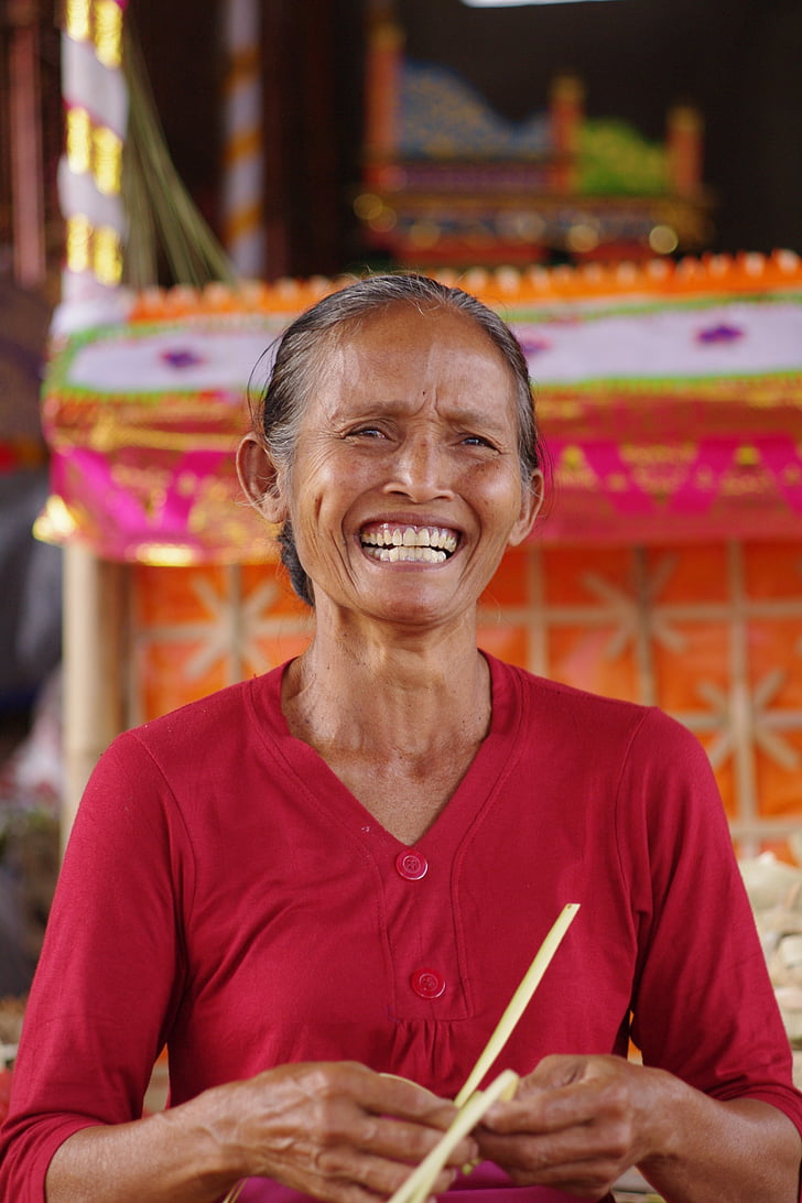 Bali, vana naine, nägu, emane, Õnnelik, daam, portree