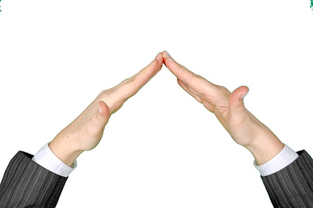 oseba, dve, roke, tvorijo, trikotnik, bela, ozadje