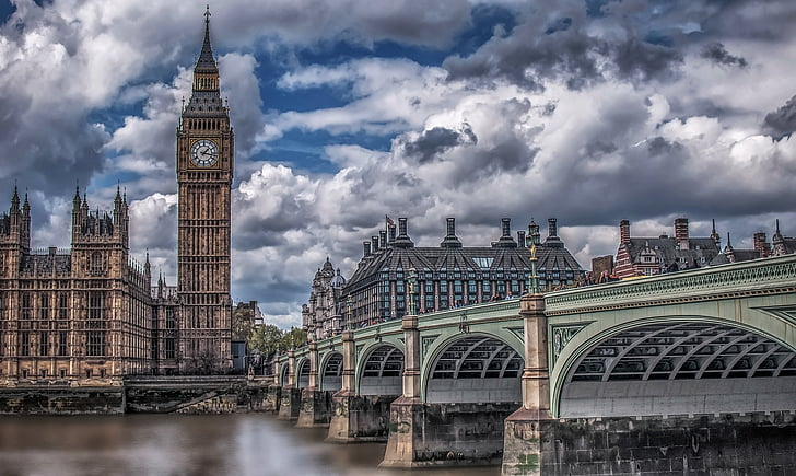 London, Big bang, Bridge, skyer, dramatiske, vand, floden
