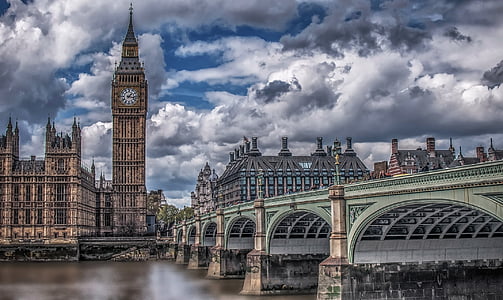 Londres, Big bang, pont, nuages, dramatique, eau, rivière