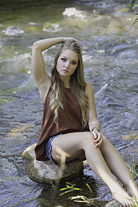 creek, country, girl, water, nature, landscape, tranquil