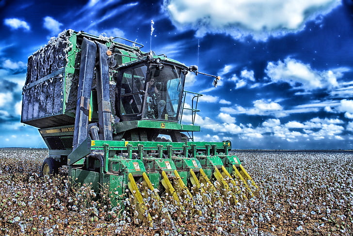 cotton harvester, agriculture, farm, rural, sky, clouds, nature