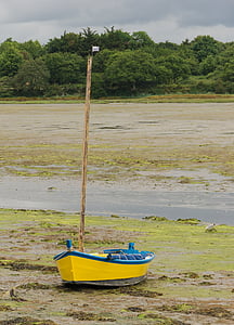 boat, yellow, gulf of morbihan, brittany, france, tide, low