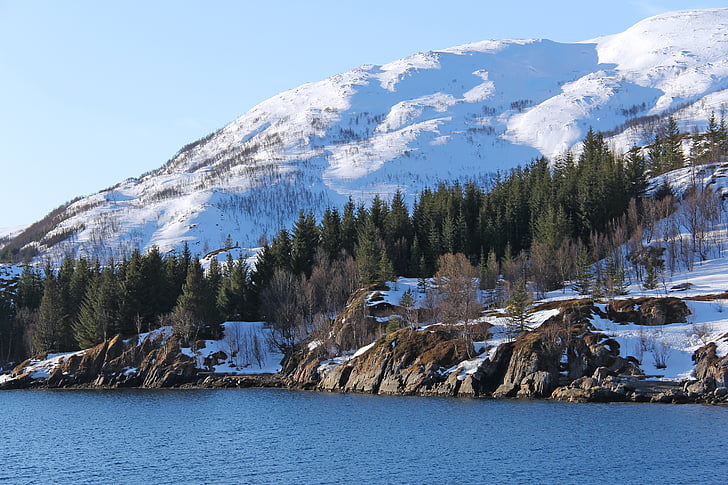 Landschaft, schöne, Himmel, Meer, Fjord, Schnee, Berg