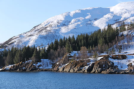 maisema, Kaunis, taivas, Sea, Fjord, lumi, Mountain
