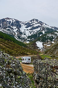 camper, mountains, van, rv, travel, adventure, camping