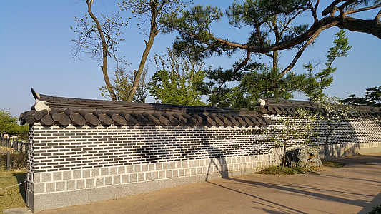 Republikken korea, sten væg, fyrretræ, traditionelle, hegnet, gamle skole, historie