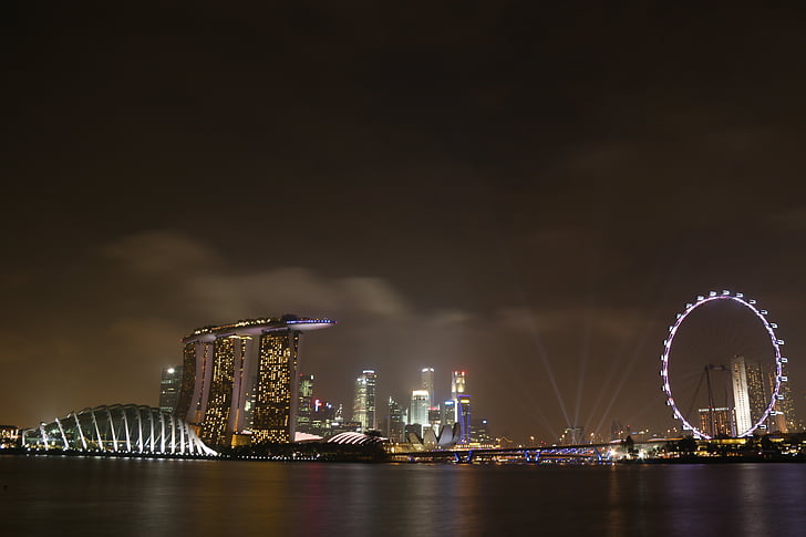 Singapūra, singaporeflyer, marinabaysands, ainava, naktī, gaisma, ēka