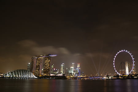 Singapore, singaporeflyer, marinabaysands, landskap, natt, ljus, byggnad