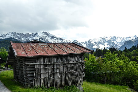 cabine, sneeuw berg, landschap, bos, hut, gebouw, Alpine