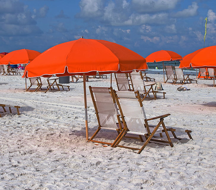 Clearwater beach, Stany Zjednoczone Ameryki, parasol i krzesła, biały piasek, Plaża, piasek, morze