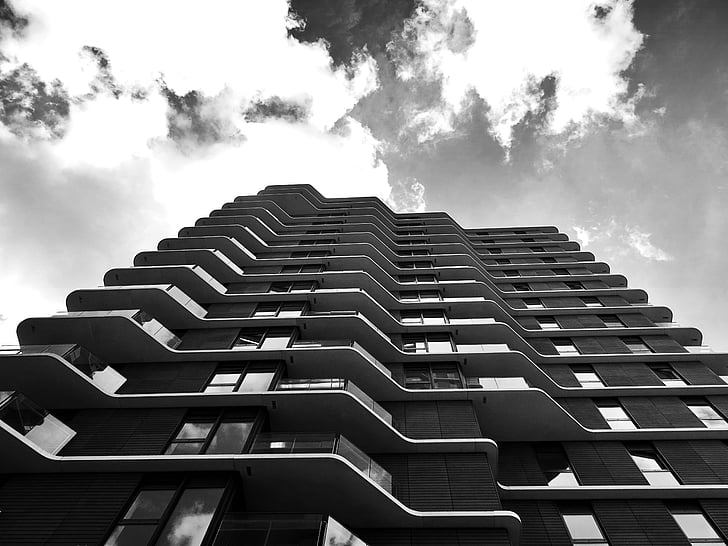architecture, black-and-white, building, low angle shot, monochrome, perspective, skyscraper