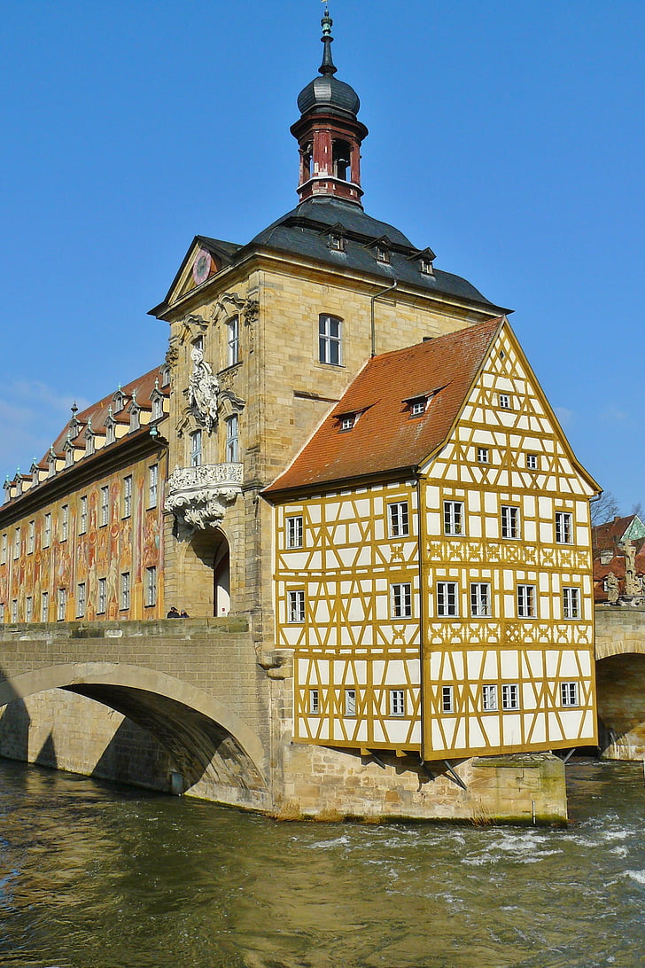Bamberg, Ratusz, Domek rottmeister z widokiem na miasto, fachwerkhaus, Regnitz, frankońska, Architektura