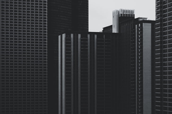 svart-hvitt, bygninger, høy stiger, multi-etasjes, skyskraper, arkitektur, innebygd struktur
