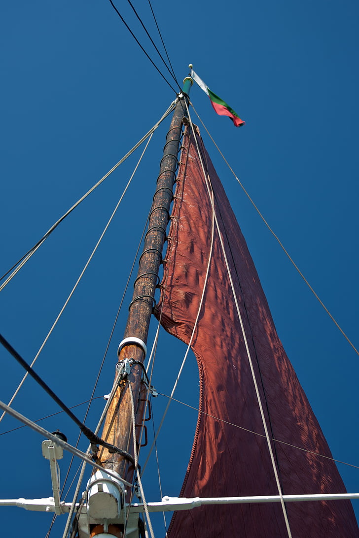 zeil, rood, rode zeil, mast, tuigage, oude thames barge, mast hoofd vlag
