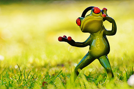 frog, meadow, headphones, music, figure, animal, green