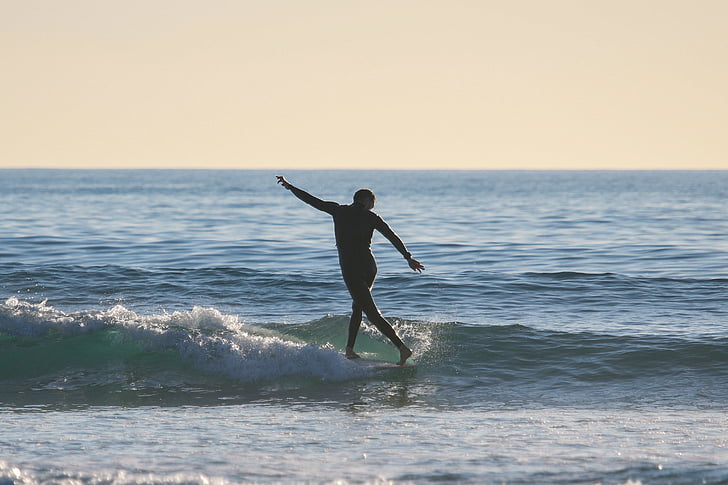silueta, om, echitatie, placă de surf, ocean, apa, Longboard