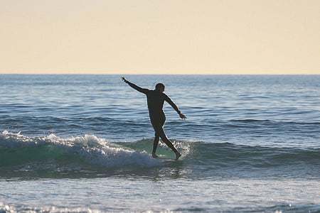 siluett, mannen, Ridning, surfbräda, Ocean, vatten, longboard