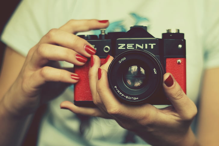 kamera, zenītam, sarkana, lēcas, retro kamerā, vēsturisko kamera, veco kameru