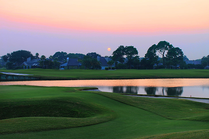 sunset over the golf course, grass, golf, course, summer