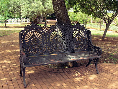 bench, tree, garden, rest, paving, iron, nature