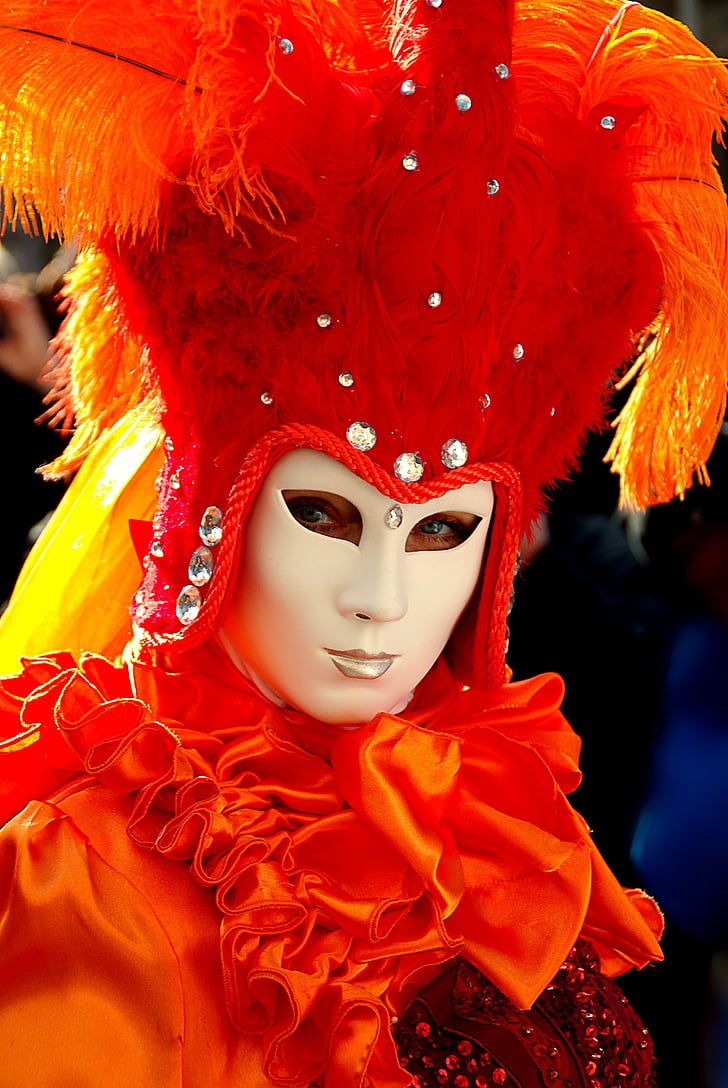 putih, Orange, Venesia, Jester, masker, foto, Karnaval