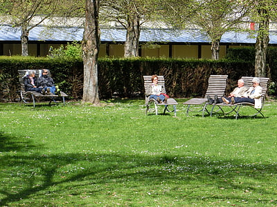 Pensionistes, Parc, relaxar-se, verd, herba, paisatge, Prat