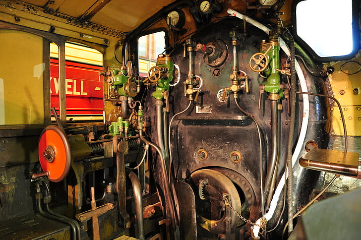 locomotora de vapor, locomotora, el interior de la, histórico, ferrocarril de