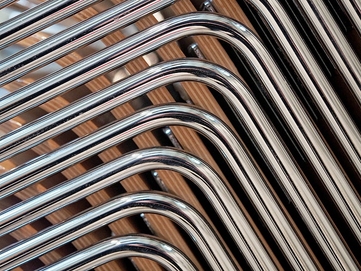 metal, tube, chair, stack, stacked, chrome, industrial