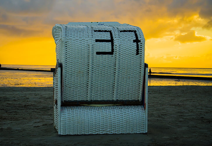 saullēkts, saulriets, pludmales krēsls, smilts, pludmale, Ziemeļjūras, krasts