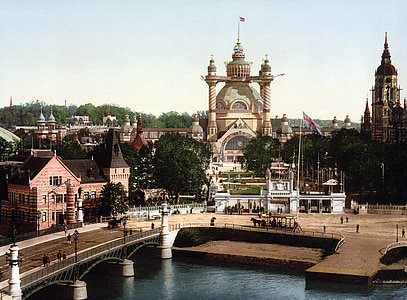 stockholm, sweden, photochrom, bridge, church, river, city