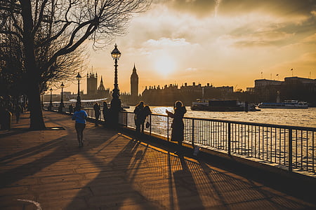 London, cilvēki, debesis, saullēkts, saulriets, Thames river, koks