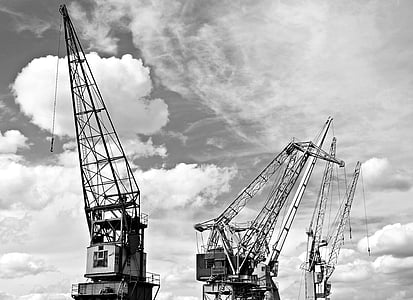 harbour cranes, sky, clouds, industry, port, cranes, shipping