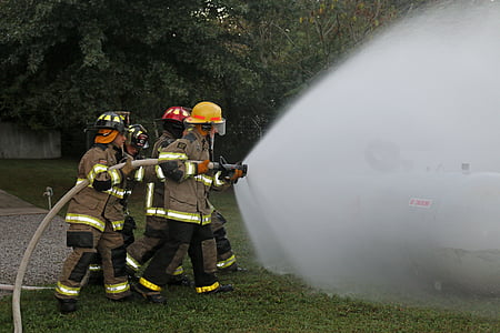 fire fighters, hose training, firefighter, training, propane tank, teamwork, drill