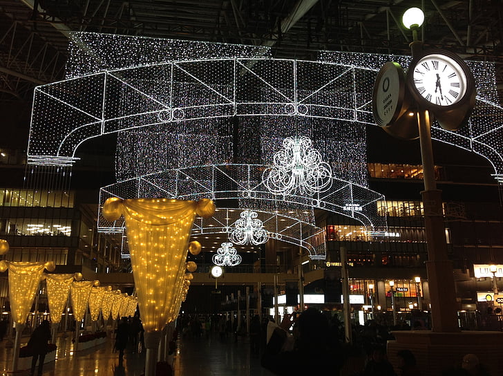 pétrole, etc., lumière, Osaka, horloge, station de métro, Christmas, célébration de Noël