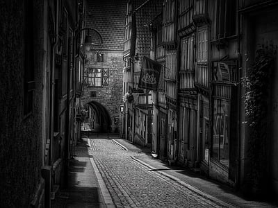 black-and-white, buildings, city, cobblestone street, medieval, medieval town, old town