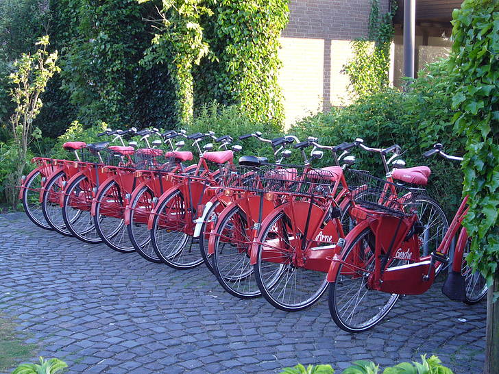 bicicletas, bicicleta, Alquiler de bicicletas, rojo, Turismo, Norderney, serie