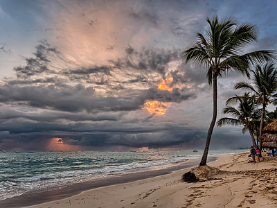 Tropická Pláž, východ slunce, Palmové stromy, písek, voda, oceán, přímořská krajina