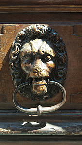 door, knocker, lion, laberinth, wooden, old, metal