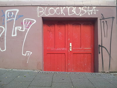 czerwony, drzwi, dane wejściowe, drewno, czerwony drzwi, budynek, graffiti
