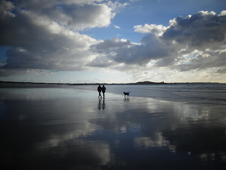 Bretagne, strand, zee, zon, wolken, spiegelen, perspectief