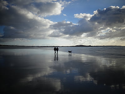 Brittany, plaj, Deniz, Güneş, bulutlar, yansıtma, bakış açısı