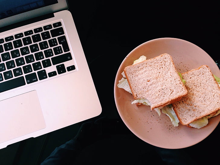 MacBook, lunch, sandwich, voedsel, plaat, computer, laptop