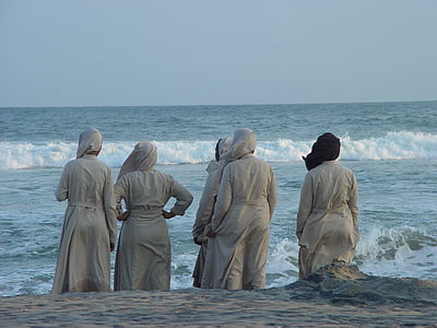 Indien, nunnor, havet, tror, religion